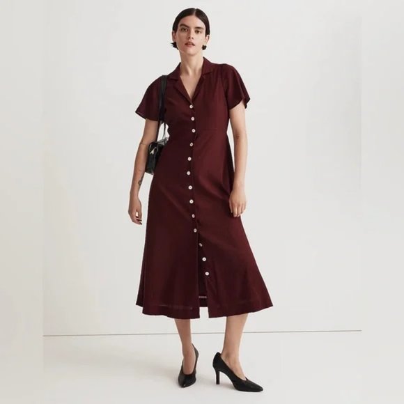 Madewell Dresses & Skirts - NWT Madewell | Crinkle Cotton Button-Front Midi Dress in Burgundy Size 0
